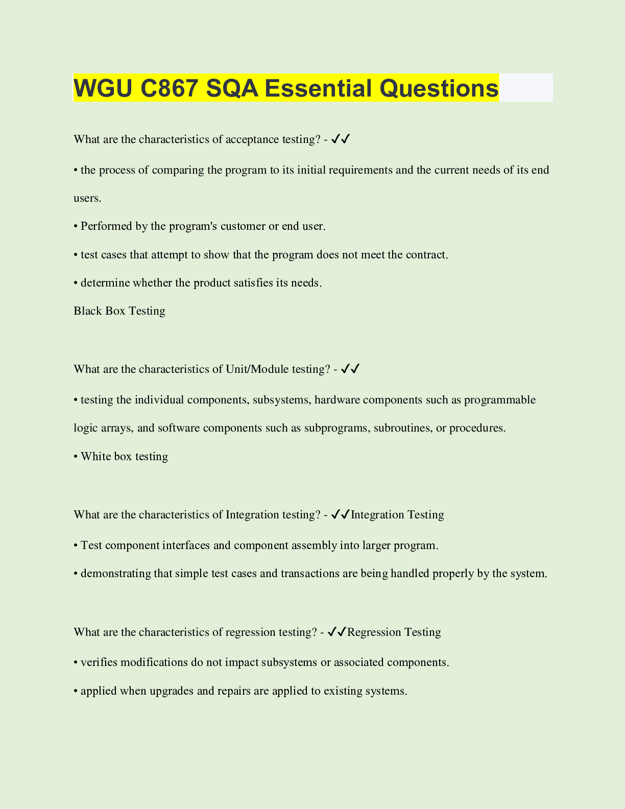 Preview of WGU C867 SQA Essential Questions  | Questions with 100% Correct Answers | Verified | Lates